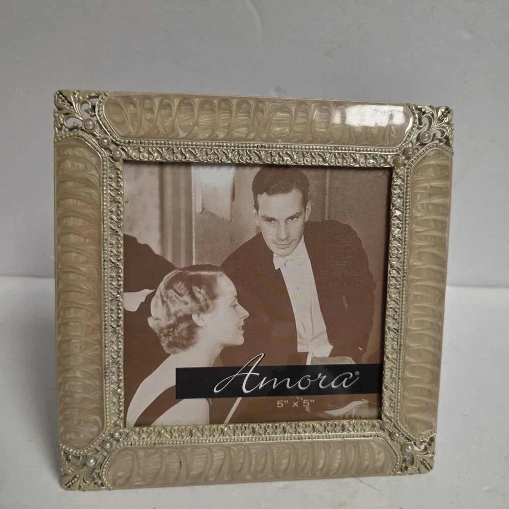 Vintage Amora Gold Enamel Square 5x5 Photo Frame Pearl Beaded Wedding Ornate